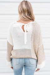 Oatmeal Mixed Pattern Knit Tie Keyhole Drop Shoulder Sweater Sweaters JT's Designer Fashion