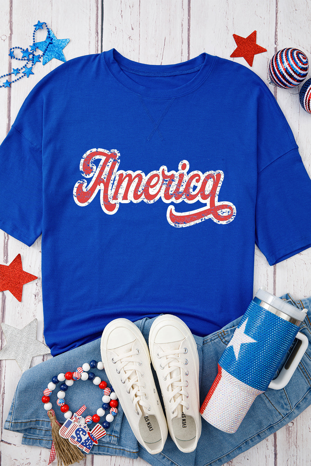 Dark Blue Contrast America Graphic Drop Shoulder Tee Graphic Tees JT's Designer Fashion