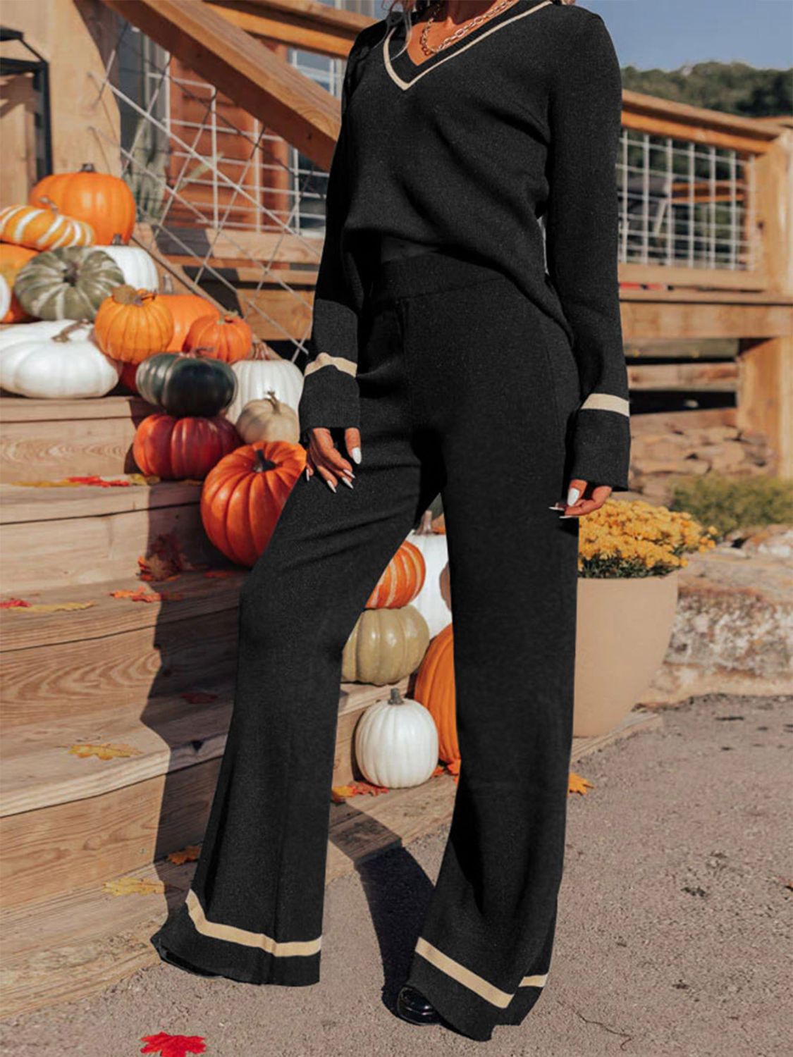 V-Neck Long Sleeve Top and Pants Set Pant Sets JT's Designer Fashion