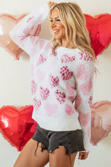 Pink Heart Leopard Print Pearled Ribbed Trim Fuzzy Sweater Sweaters JT's Designer Fashion