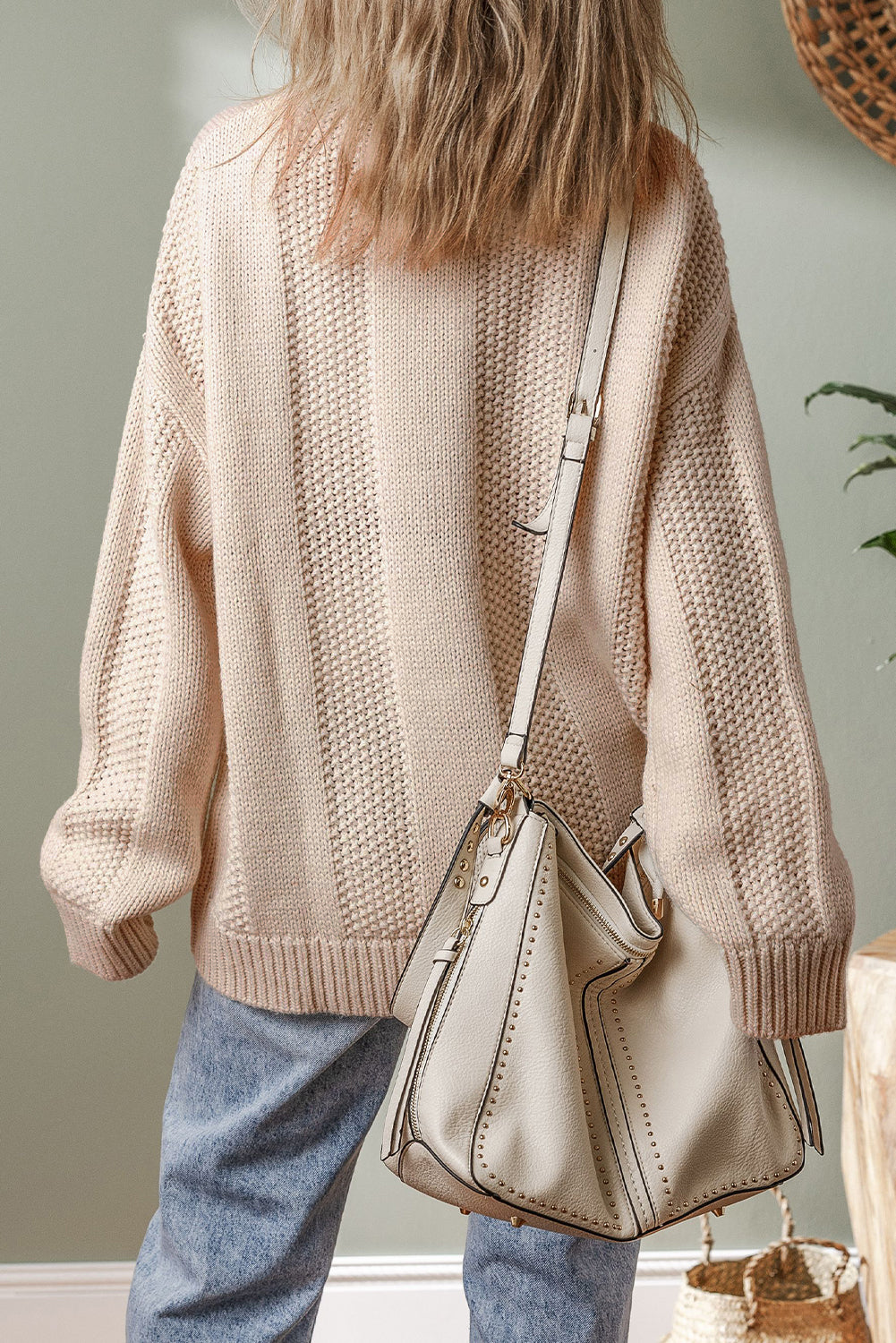 Pale Khaki Solid Color Cable Knit Ribbed Loose Sweater Sweaters JT's Designer Fashion