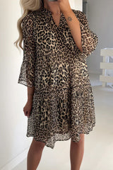 Khaki Leopard 3/4 Sleeve V Neck Swing Dress Khaki 100%Polyester Mini Dresses JT's Designer Fashion
