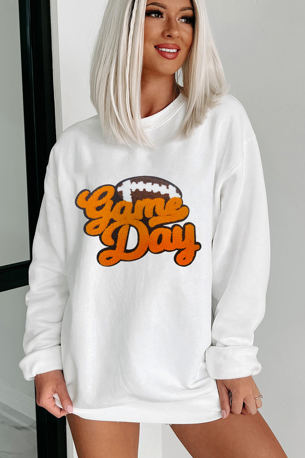 White Chenille Game Day Rugby Football Pattern Pullover Sweatshirt Graphic Sweatshirts JT's Designer Fashion