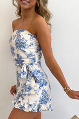 Sky Blue Floral Print Strapless Zipped Back Knot Waist Ruffled Romper Jumpsuits & Rompers JT's Designer Fashion