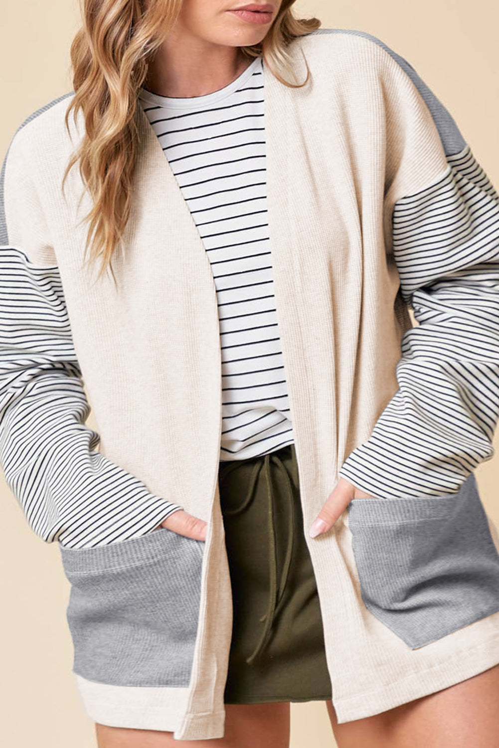 Black Stripe Colorblock Patchwork Open Front Cardigan with Pocket Cardigans JT's Designer Fashion