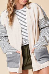 Black Stripe Colorblock Patchwork Open Front Cardigan with Pocket Cardigans JT's Designer Fashion