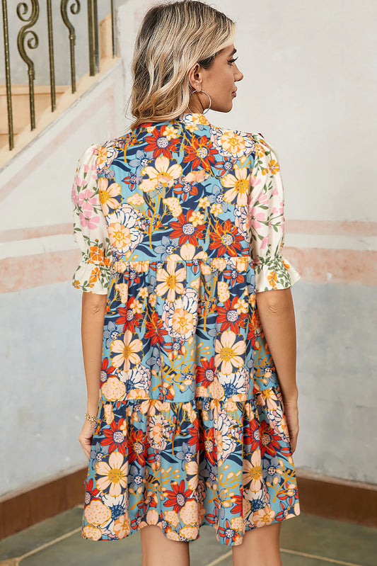 Multicolour Boho Floral Print Crochet Patchwork V Neck Loose Mini Dress Mini Dresses JT's Designer Fashion