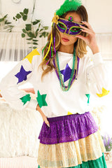 White Mardi Gras Star Printed Long Sleeve Top Long Sleeve Tops JT's Designer Fashion