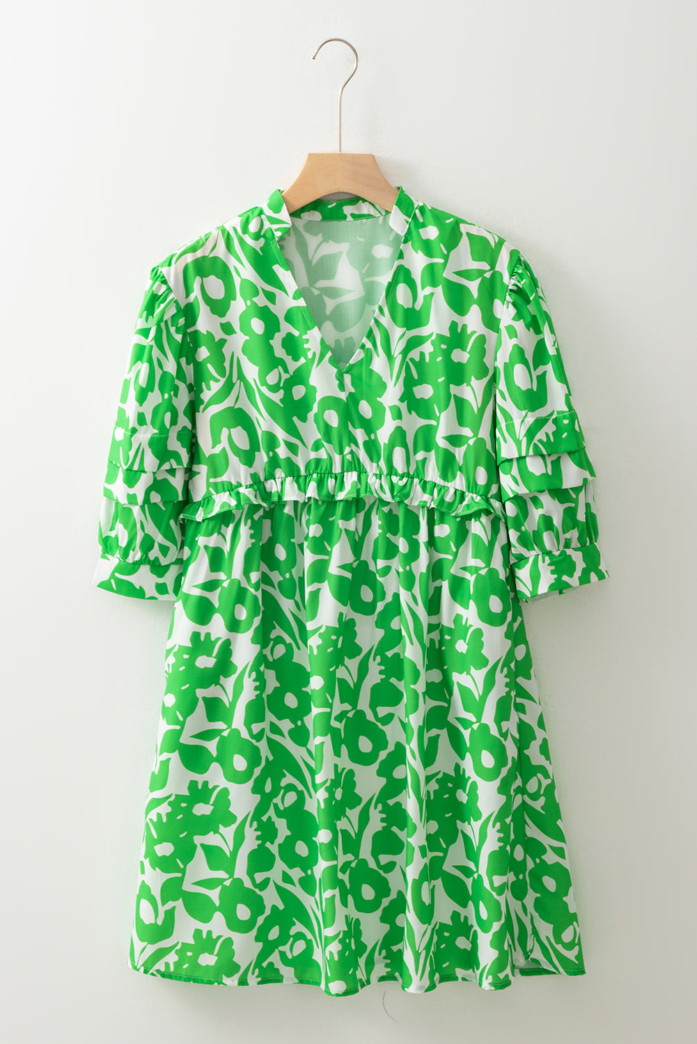 Green Floral Print Puff Half Sleeve V Neck Babydoll Dress Floral Dresses JT's Designer Fashion