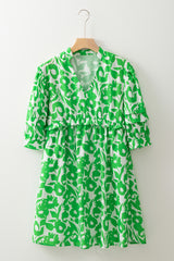 Green Floral Print Puff Half Sleeve V Neck Babydoll Dress Floral Dresses JT's Designer Fashion