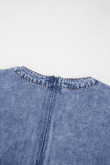 Beau Blue Tie V Neck Tucking Detail Short Sleeve Denim Shift Dress Mini Dresses JT's Designer Fashion