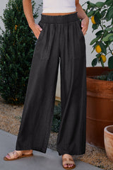 Black Side Pockets Frilled Smocked High Waist Wide Leg Jeans Black 100%Lyocell Jeans JT's Designer Fashion
