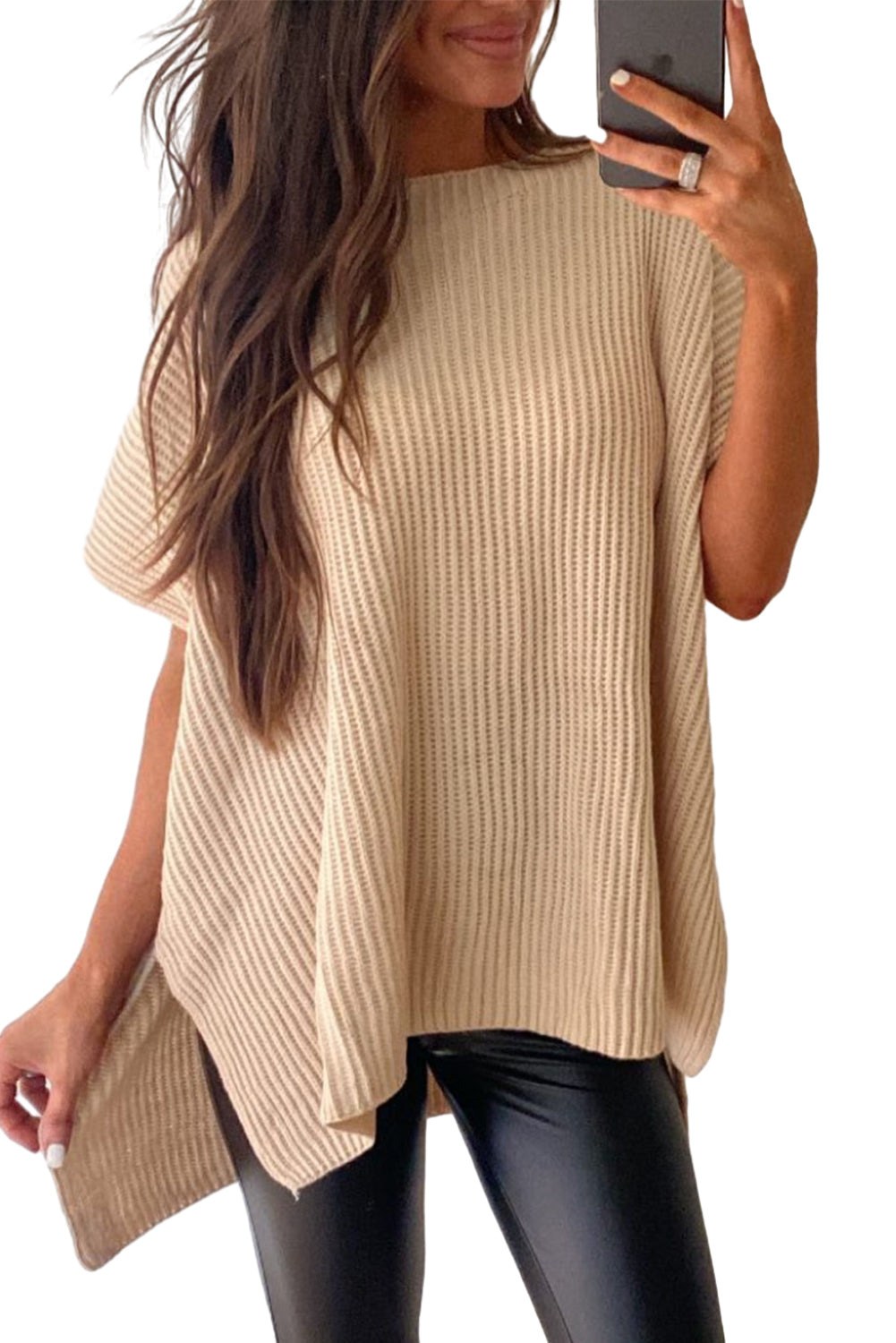 Apricot Short Sleeve Side Slit Oversized Sweater Sweaters & Cardigans JT's Designer Fashion
