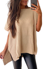 Apricot Short Sleeve Side Slit Oversized Sweater Sweaters & Cardigans JT's Designer Fashion