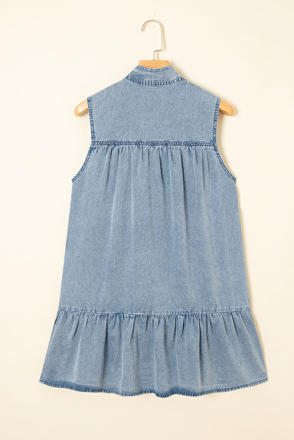Real Teal Bowknot Neck Sleeveless Ruffled Chambray Dress Mini Dresses JT's Designer Fashion