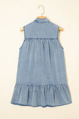 Real Teal Bowknot Neck Sleeveless Ruffled Chambray Dress Mini Dresses JT's Designer Fashion