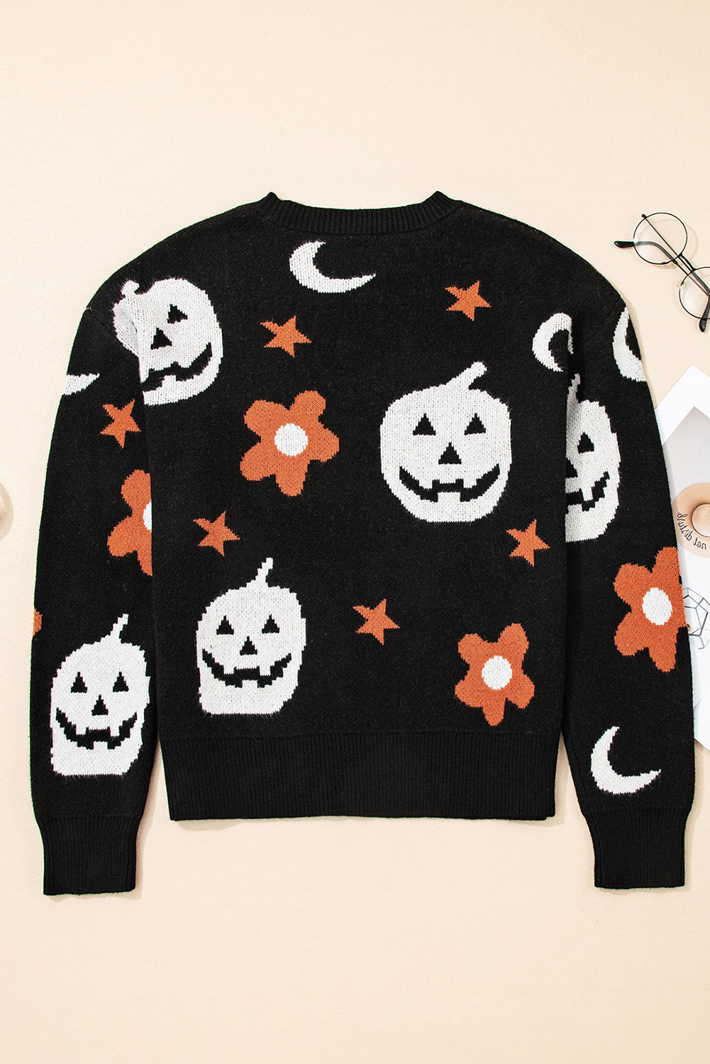 Black Halloween Mythical Night Pattern Drop Shoulder Sweater Sweaters JT's Designer Fashion