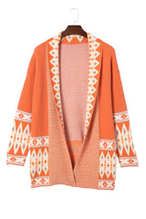 Orange Printed Aztec Print Open Front Knitted Cardigan Sweaters & Cardigans JT's Designer Fashion