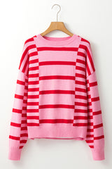 Pink Stripe Bubble Sleeve Drop Shoulder Ribbed Trim Sweater Sweaters JT's Designer Fashion