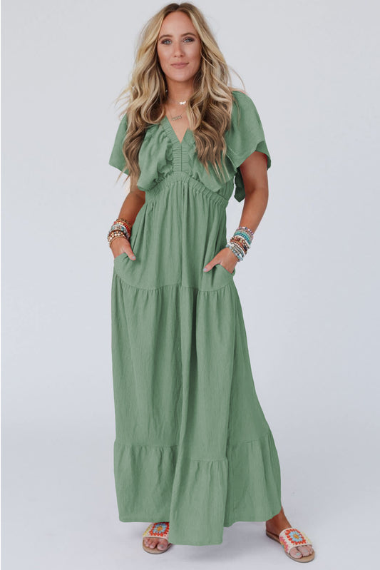 Grass Green Textured V Neck Flutter Sleeve Ruffled Long Dress Maxi Dresses JT's Designer Fashion