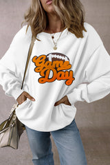 White Chenille Game Day Rugby Football Pattern Pullover Sweatshirt Graphic Sweatshirts JT's Designer Fashion