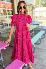 Rose Red Mock Neck Puff Sleeve Leopard Tiered Maxi Dress Dresses JT's Designer Fashion