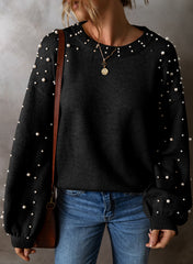 Black Pearled Drop Shoulder Round Neck Sweater Sweaters JT's Designer Fashion