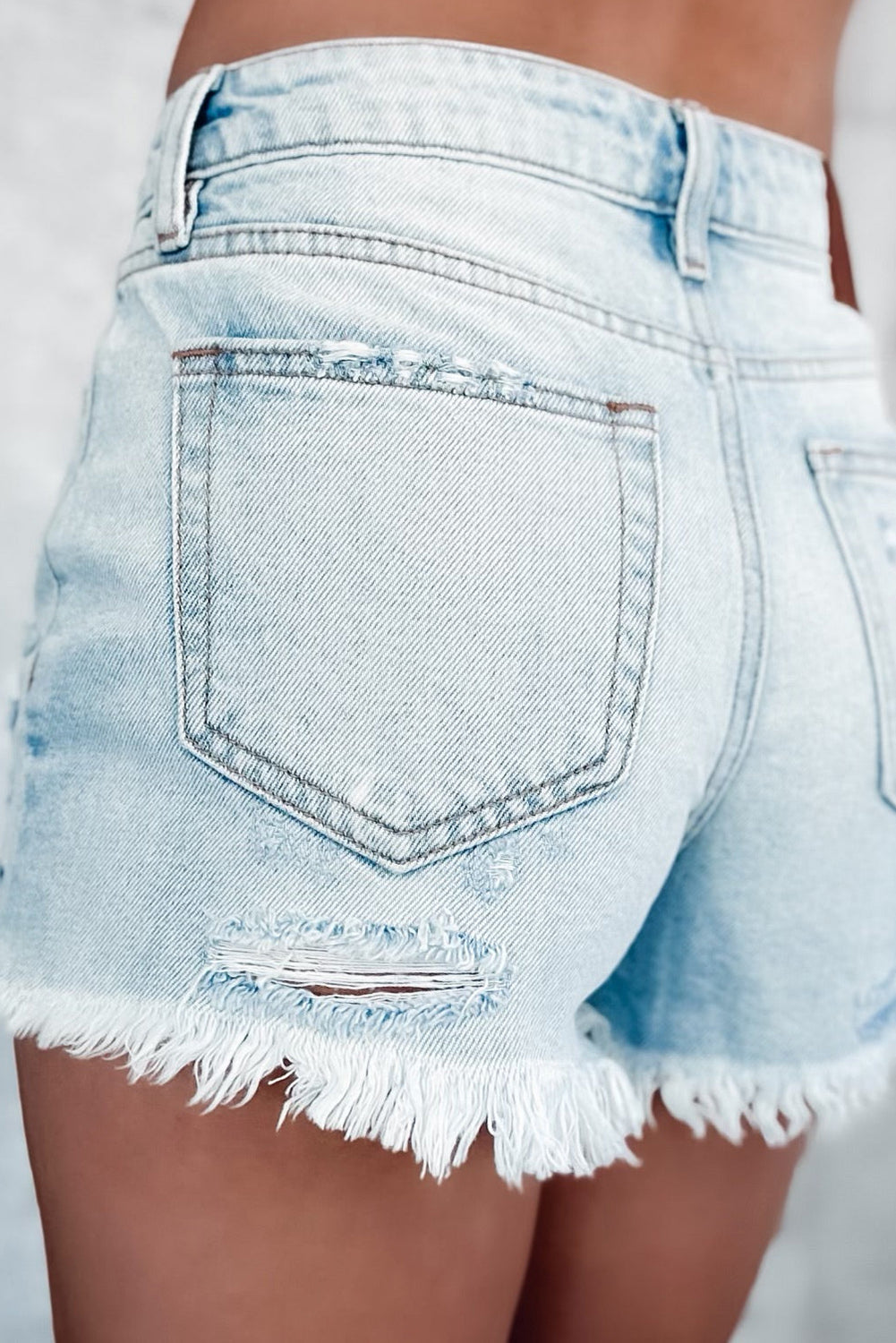 Light Blue Light Wash Raw Hem Frayed Straight Leg Denim Shorts Bottoms JT's Designer Fashion