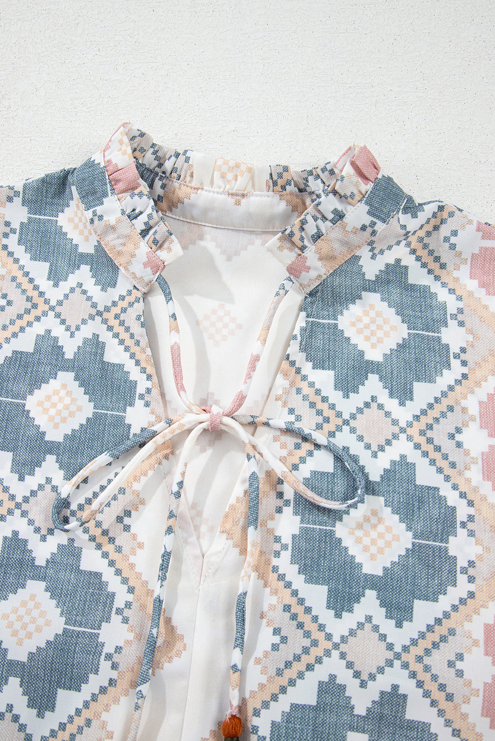 Khaki Geometric Print Tassel Tie Split Neck Balloon Sleeve Blouse Blouses & Shirts JT's Designer Fashion