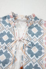Khaki Geometric Print Tassel Tie Split Neck Balloon Sleeve Blouse Blouses & Shirts JT's Designer Fashion