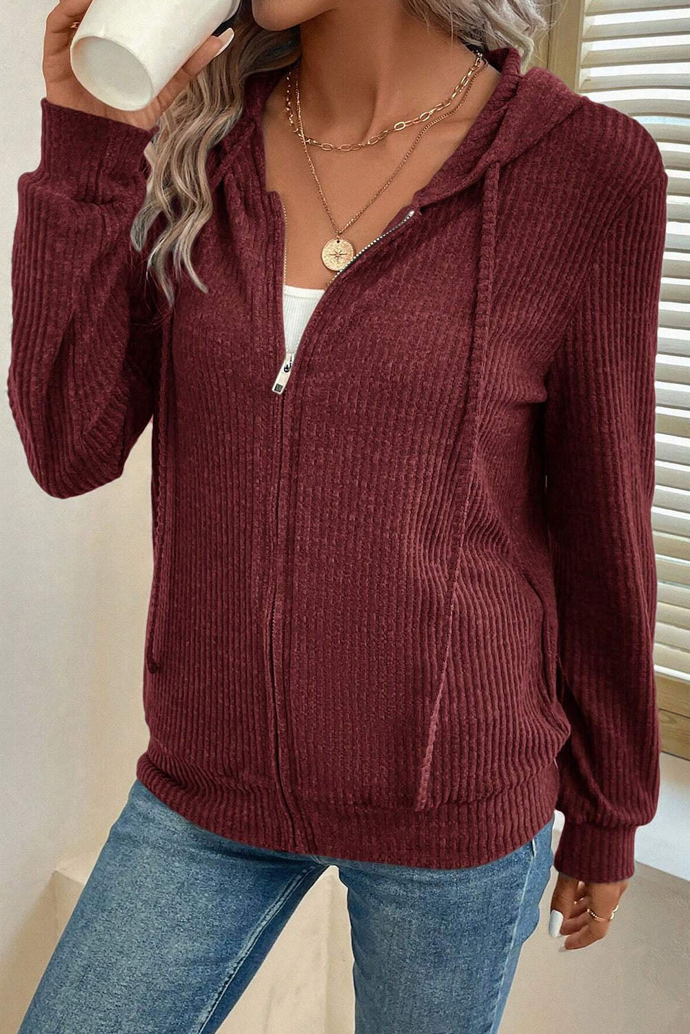 Red Dahlia Ribbed Zip Up Front Drawstring Hoodie Sweatshirts & Hoodies JT's Designer Fashion
