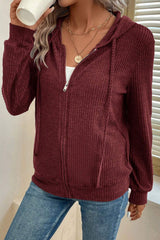 Red Dahlia Ribbed Zip Up Front Drawstring Hoodie Sweatshirts & Hoodies JT's Designer Fashion