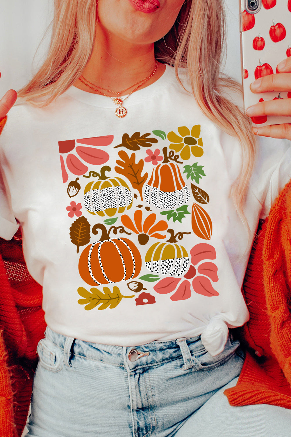 White Pumpkin Flower Print Fall Graphic Cotton Blend Tee Graphic Tees JT's Designer Fashion