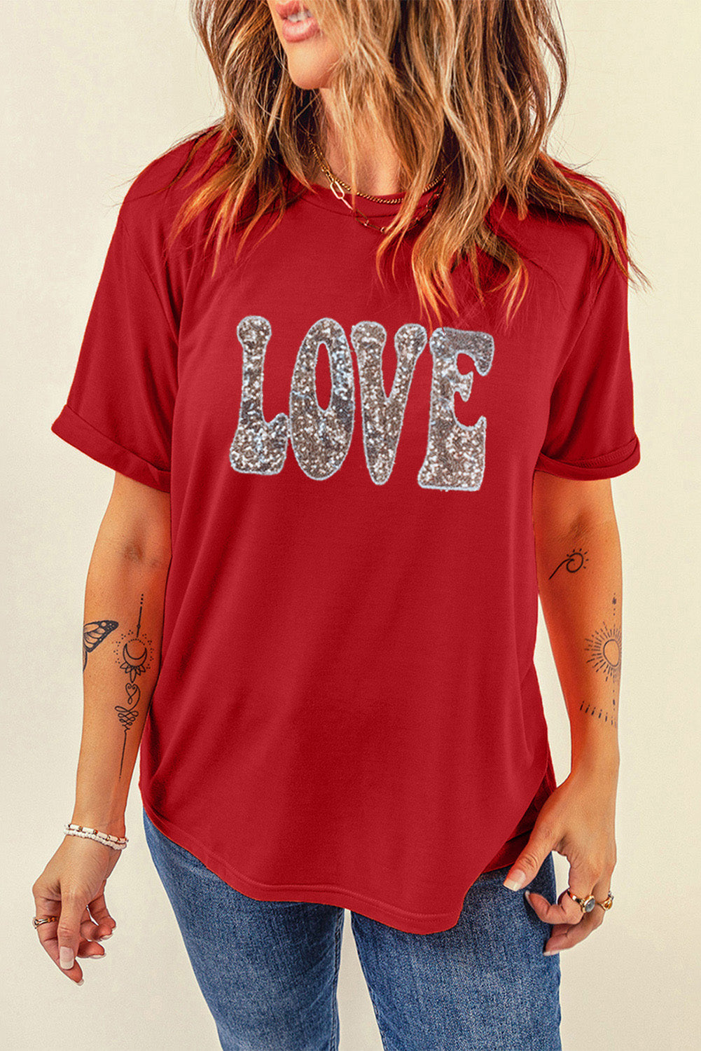 Red Sequined LOVE Letter Valentines T-shirt Graphic Tees JT's Designer Fashion