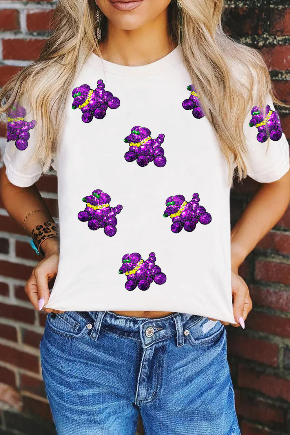 White Sequin Balloon Puppy Graphic Mardi Gras Tee Graphic Tees JT's Designer Fashion