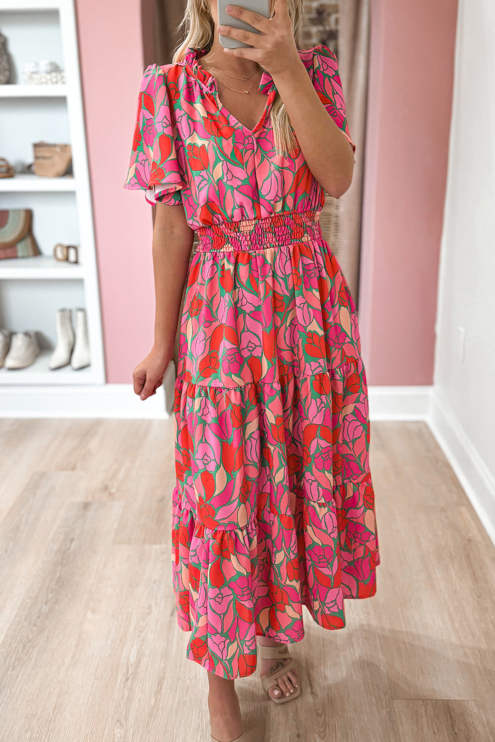 Rose Floral Short Sleeve Smocked Waist Maxi dress Dresses JT's Designer Fashion