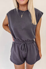 Bristol Black Knit Open Back Cap Sleeve Drawstring Romper Jumpsuits & Rompers JT's Designer Fashion