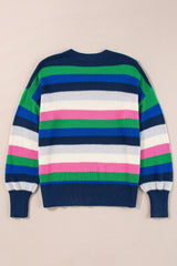 Bright Green Rainbow Striped Crew Neck Drop Shoulder Sweater Sweaters JT's Designer Fashion