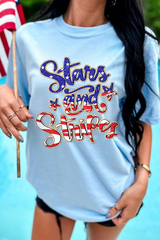Light Blue Stars and Stripes Graphic July 4th Patriotic Tee Graphic Tees JT's Designer Fashion