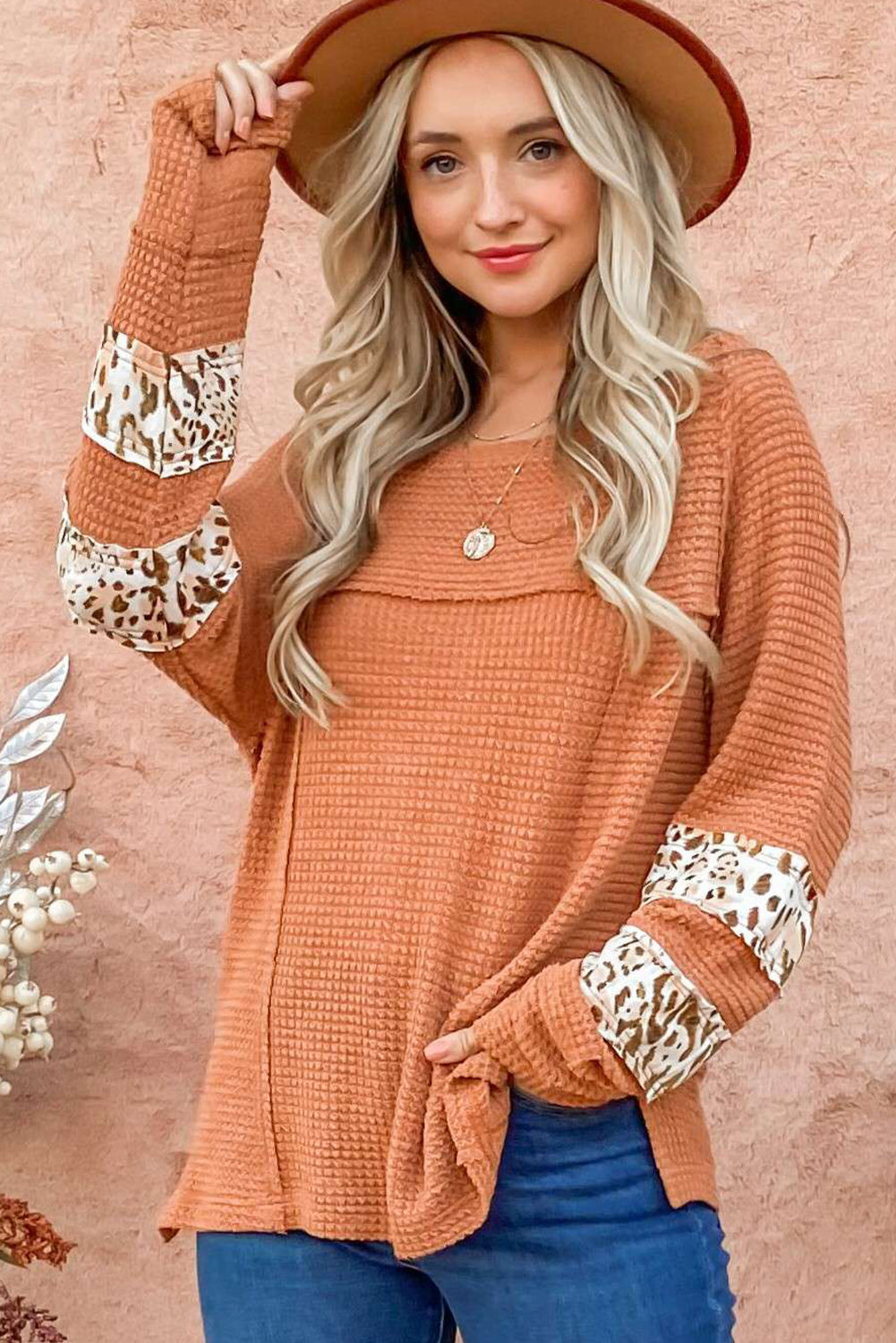 Apricot Leopard Splicing Exposed Seam Waffle Knit Top Long Sleeve Tops JT's Designer Fashion