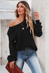 Black Hollow-out Puffy Sleeve Knit Sweater Sweaters JT's Designer Fashion