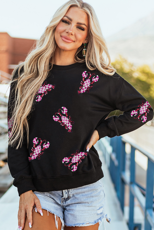 Black Sequined Crawfish Graphic Drop Shoulder Sweatshirt Graphic Sweatshirts JT's Designer Fashion