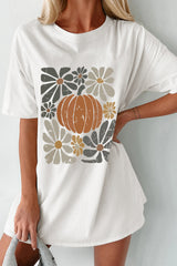 White Thanksgiving Pumpkin Print Loose Crewneck Tunic T Shirt Graphic Tees JT's Designer Fashion
