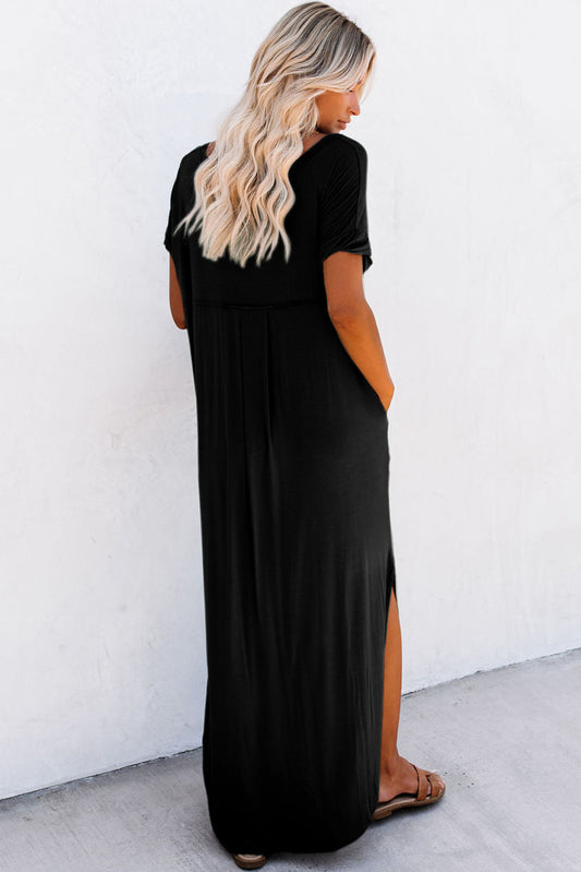 Black V Neck Hidden Pocket Splits Maxi T-shirt Dress T Shirt Dresses JT's Designer Fashion