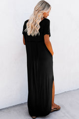 Black V Neck Hidden Pocket Splits Maxi T-shirt Dress T Shirt Dresses JT's Designer Fashion