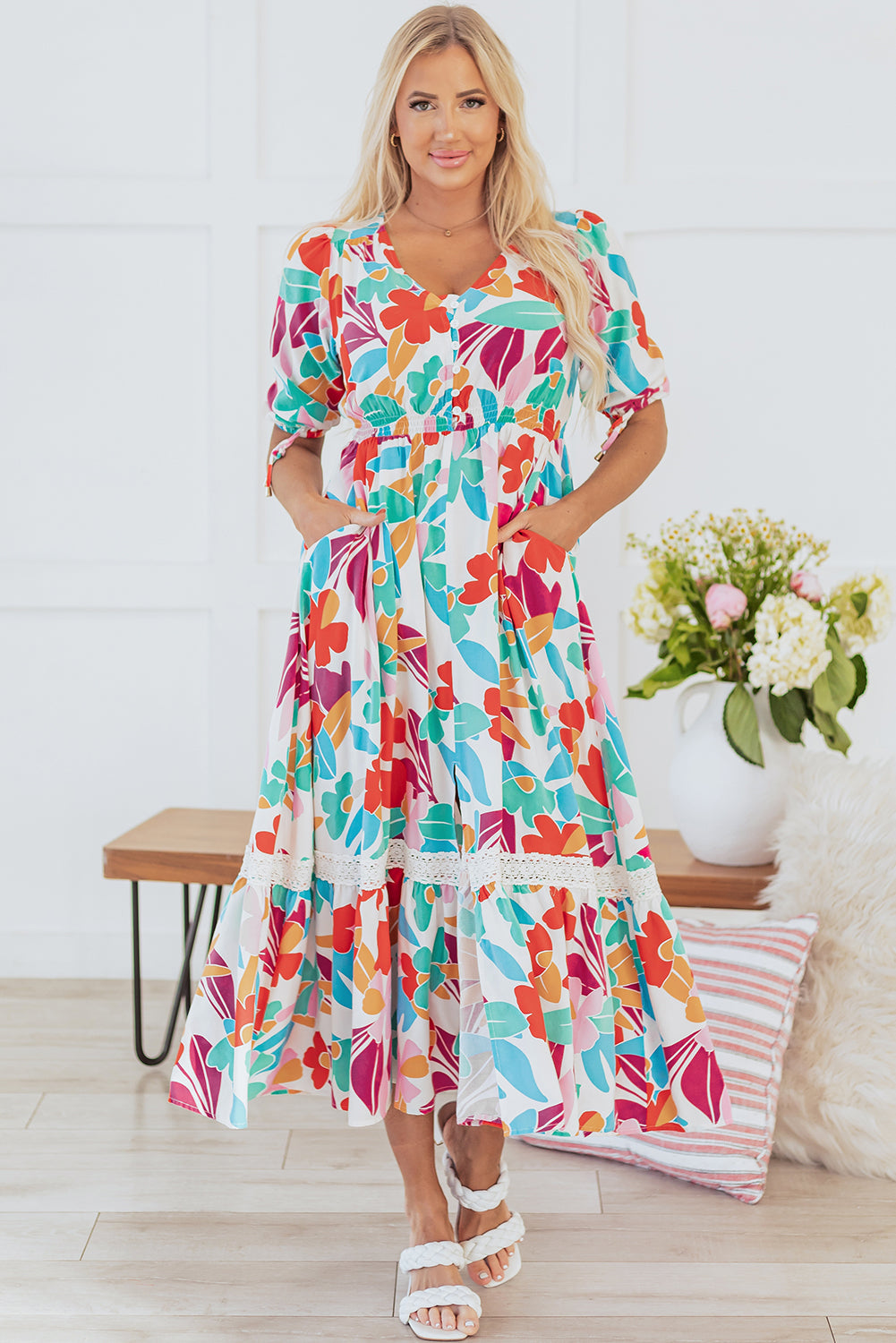Rose Red Floral Knot Puff Sleeve V Neck Buttoned Front Split Lace Maxi Dress Floral Dresses JT's Designer Fashion