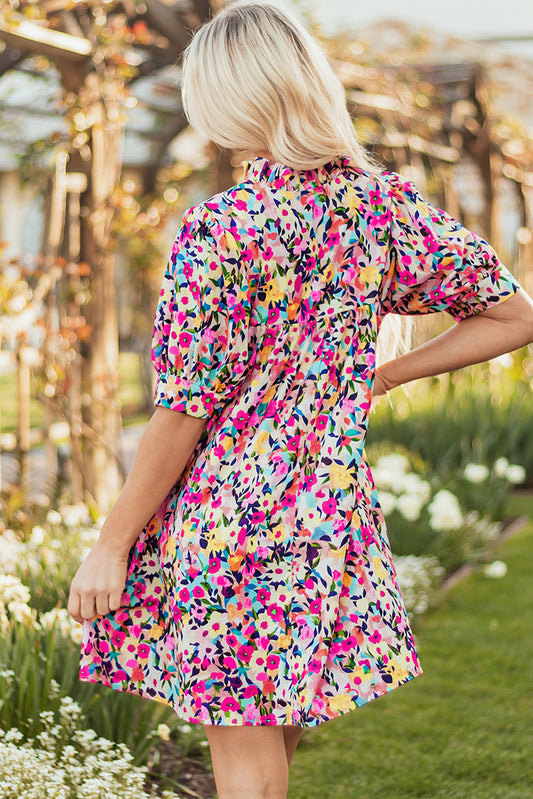 Pink Floral Puff Short Sleeve V Neck Mini Dress Floral Dresses JT's Designer Fashion