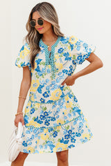 Blue Floral Striped Trim Puff Short Sleeve Dress Floral Dresses JT's Designer Fashion
