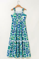 Multicolour Checkered Floral Print Ricrac Trim Casual Pocketed Sleeveless Long Dress Dresses JT's Designer Fashion