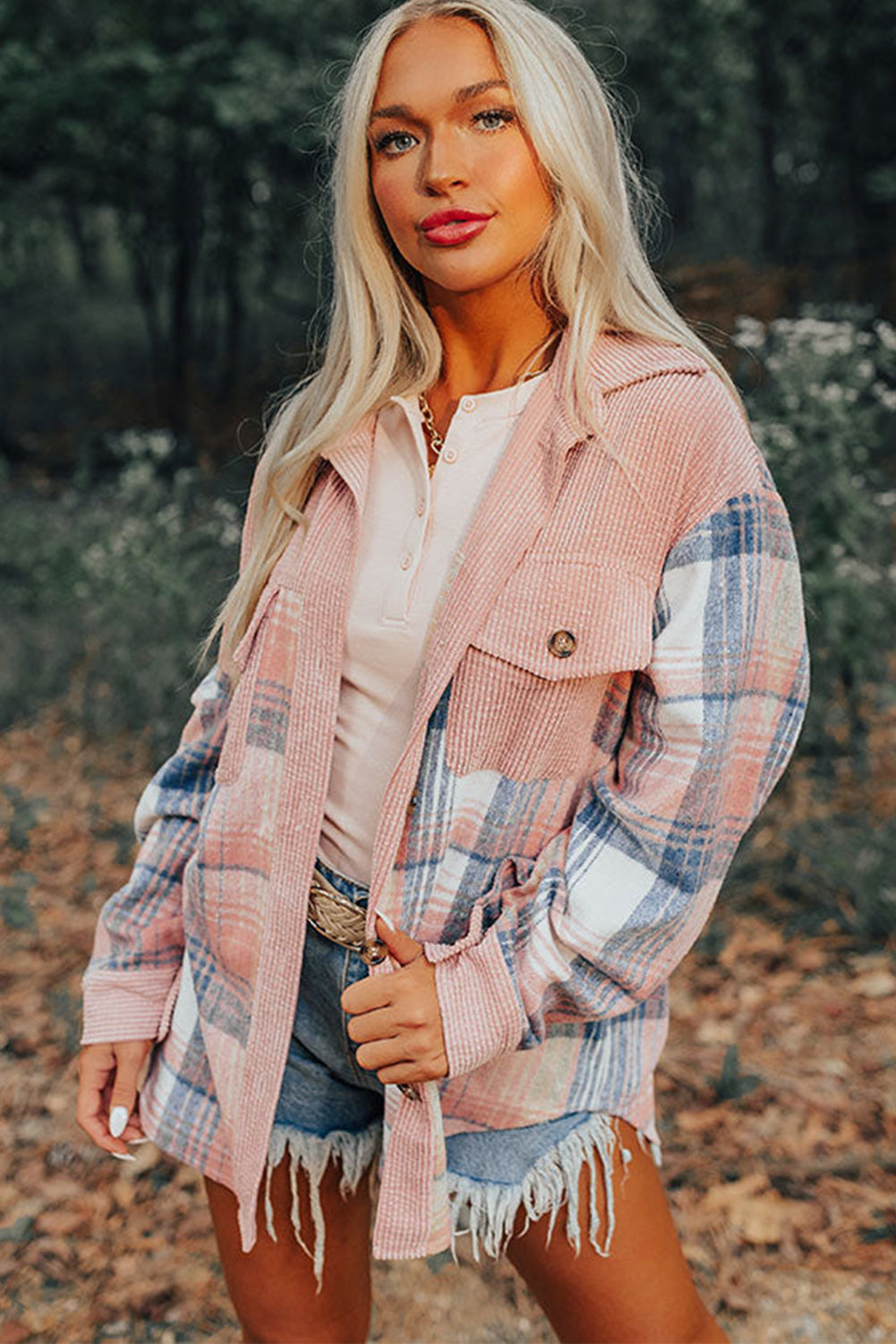 Light Pink Plaid Corduroy Patchwork Chest Pocket Shacket Plaid Shackets JT's Designer Fashion